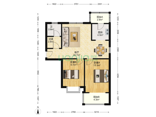 现代城 2室1厅1卫 92平方