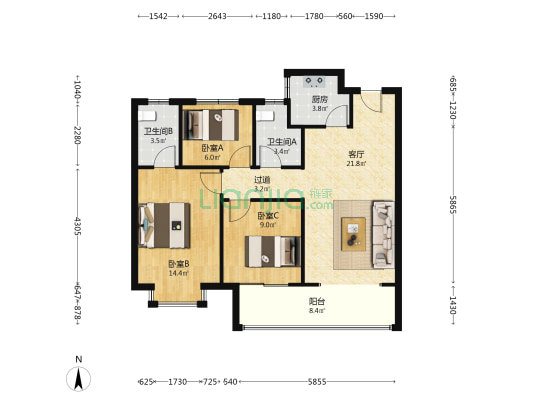 谱洋府 3室1厅2卫 97平方