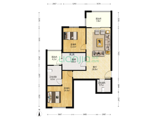 老西门新苑 2室1厅2卫 114平方