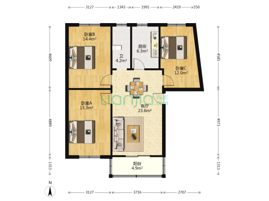 众鑫楼 3室1厅1卫 90平方