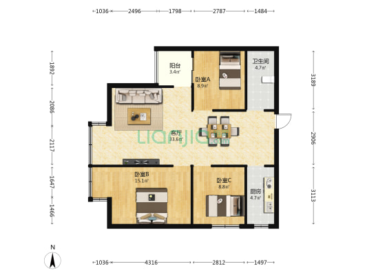 长水航城木藤苑 3室1厅1卫 96平方
