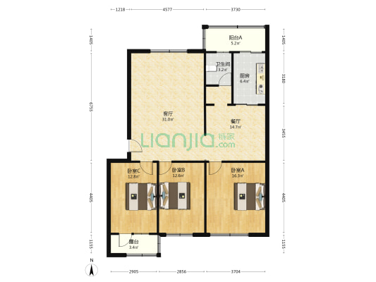 开发区支行家属院 3室2厅 南 北-户型图