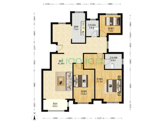 香邑溪谷玫瑰园 3室1厅 南 北-户型图