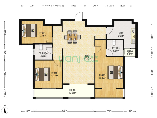 世纪星城 3室1厅2卫 135平方