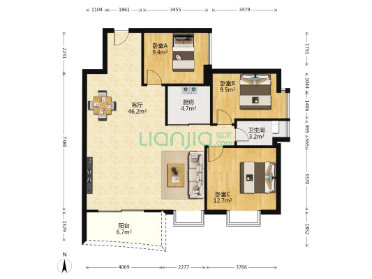 花城悦翠园 3室1厅1卫 107平方