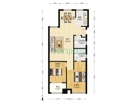 滨江万家花城锦湖园 2室1厅2卫 89平方