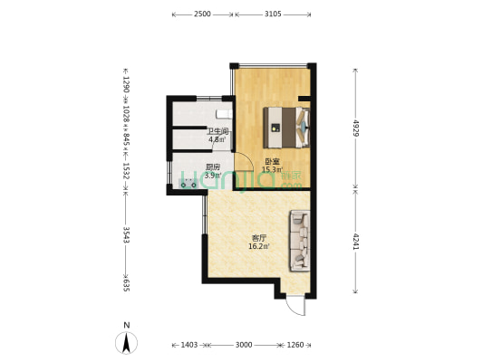 1室1厅，住家安静，屋顶花园可以用-户型图