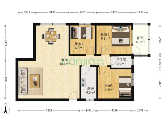 华景新城建宇轩 3室1厅1卫 86平方