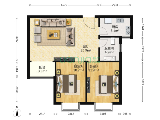 天鹭广场 2室1厅1卫 89平方