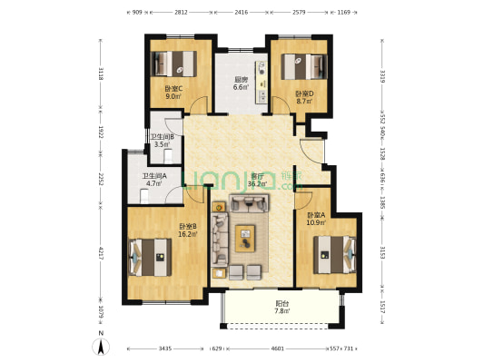 珑湾花苑三期 4室1厅2卫 121平方