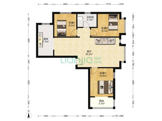 南北全明格局三居室，低楼层，前后无遮挡。-户型图