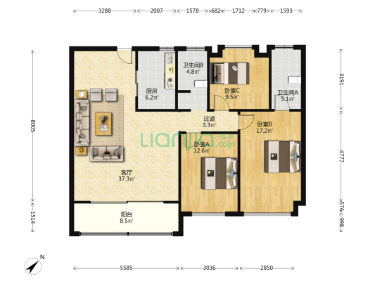 中交锦方东苑 3室1厅2卫 130平方