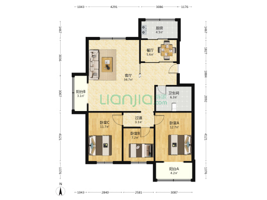 艺苑路小区 3室2厅1卫 115平方