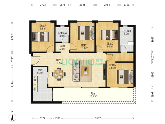 东原朗阅 4室1厅2卫 130平方