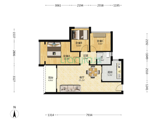 壹成中心第三区 3室1厅1卫 79平方