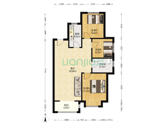 精装修，南北通透三居室，采光好，看房随时-户型图