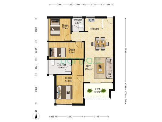 阳光西岸 3室1厅2卫 81平方