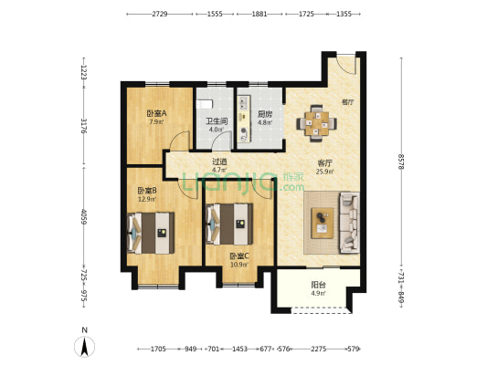 世茂云璟 3室1厅1卫 105平方