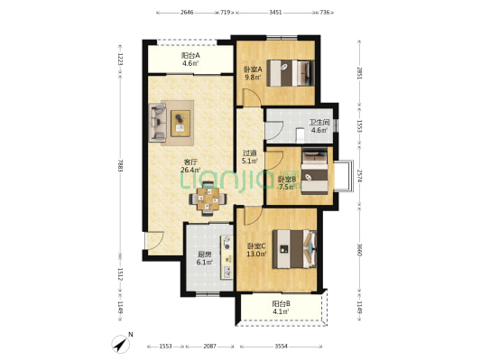 书香园 3室1厅1卫 109平方