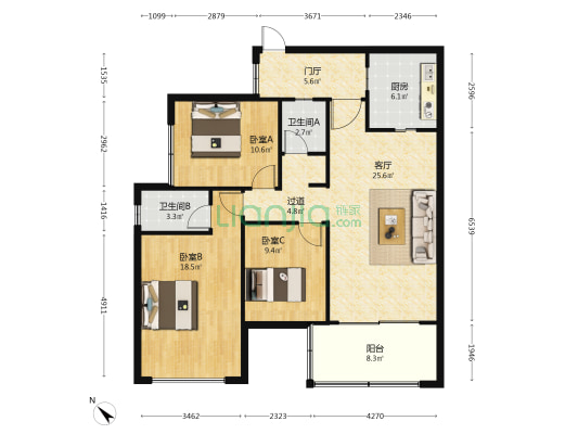 科华388 3室1厅2卫 121平方