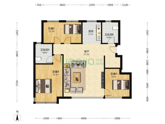 中铁逸都 3室1厅2卫 107平方