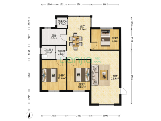 镜新二街 3室2厅3卫 95平方