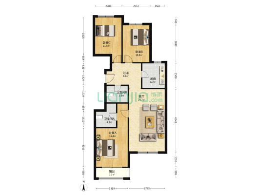 金地阳光 3室1厅2卫 122平方