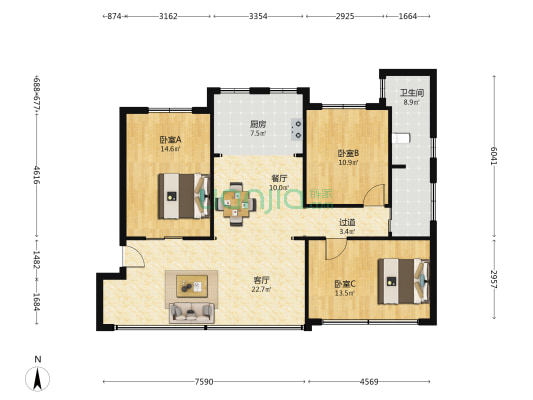 跃龙路76号 3室2厅1卫 59平方