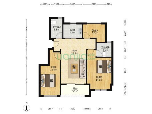 保利中南•大境堂悦 3室1厅2卫 89平方