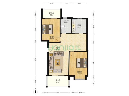 奓山社区檀山花园小区 2室1厅1卫 98平方