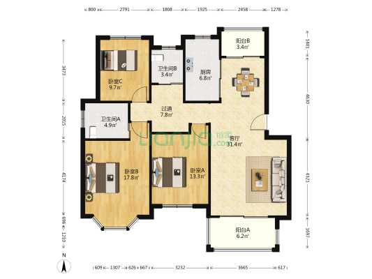 怡景花城流霞苑 3室1厅2卫 120平方