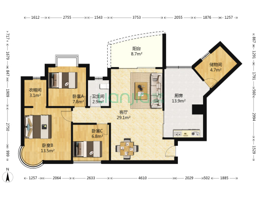 明华龙洲半岛 3室1厅1卫 103平方