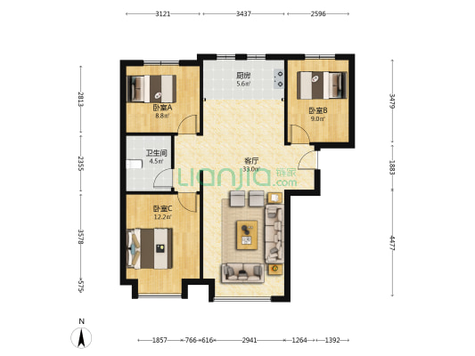 业主急售，价格可谈，鸿坤理想湾精装三居，南北通透-户型图