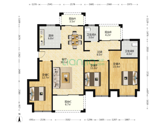 电建洺悦府南苑 3室1厅2卫 119平方