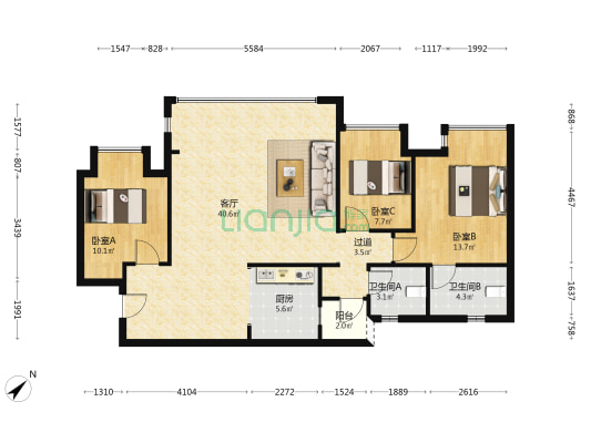 龙湖云瑶玉陛玉山三组团 3室1厅2卫 104平方