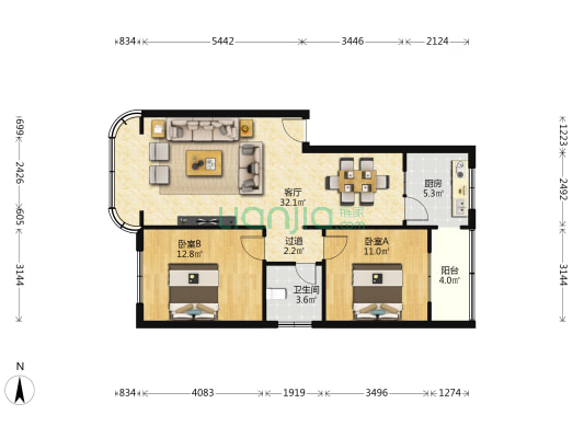 万方苑 2室1厅1卫 87平方
