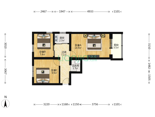 南口镇粮食局宿舍楼 3室0厅1卫 60平方