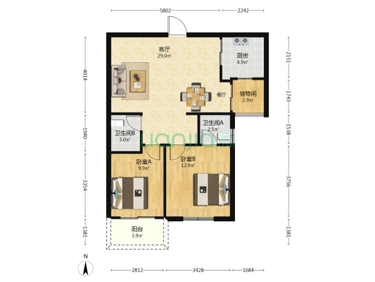远东丽景 2室1厅2卫 90平方