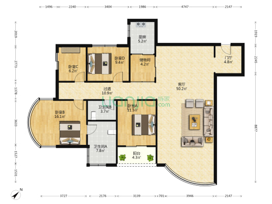 西体奥林花园 4室1厅2卫 173平方