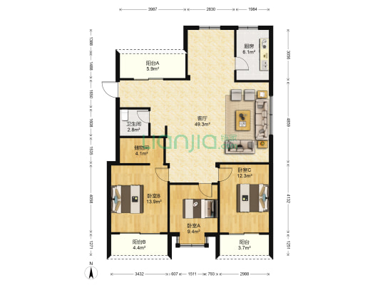 温馨家园 3室1厅1卫 128平方