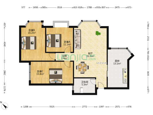 交通设计院 3室1厅1卫 119平方