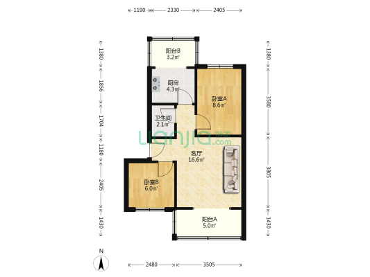 范阳水电小区 2室1厅 南 北-户型图
