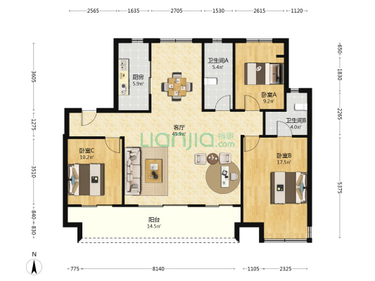 一方桃源里 3室1厅2卫 127平方