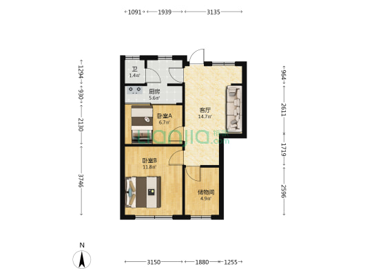 桃园路47号 2室1厅1卫 57平方