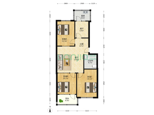 莱建小区 3室2厅1卫 90平方