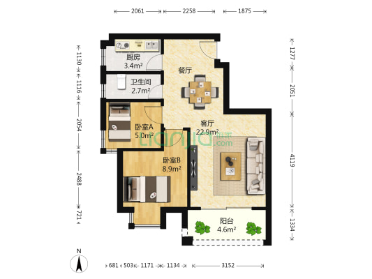 百花小镇 2室1厅1卫 61平方
