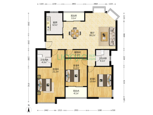 建华钻石公寓 3室1厅2卫 141平方