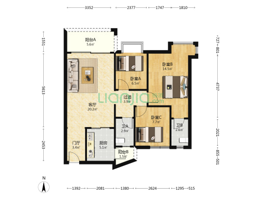雍翠新城君汇 3室1厅2卫 92平方