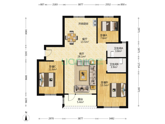 中海世家 3室2厅2卫 120平方