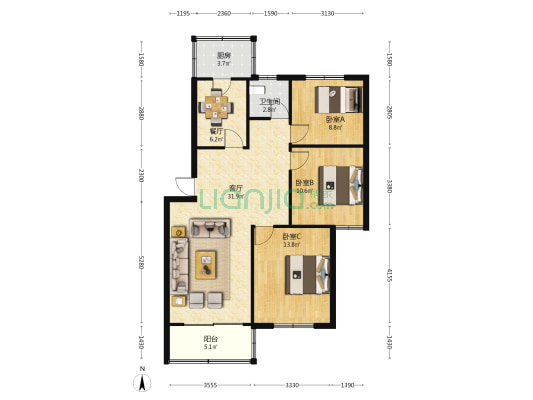 颍东区崇文小区 3室2厅1卫 95平方
